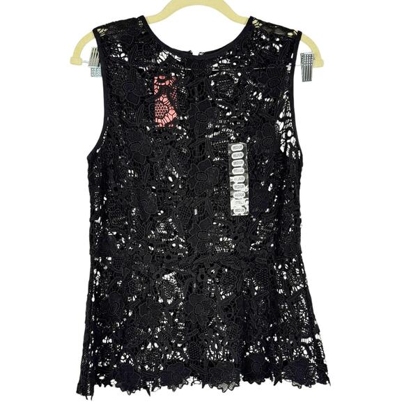NWT CAbi Black Sleeveless Embroidered Lace Peplum Sheer Zip Top Medium Elegant - Picture 1 of 13